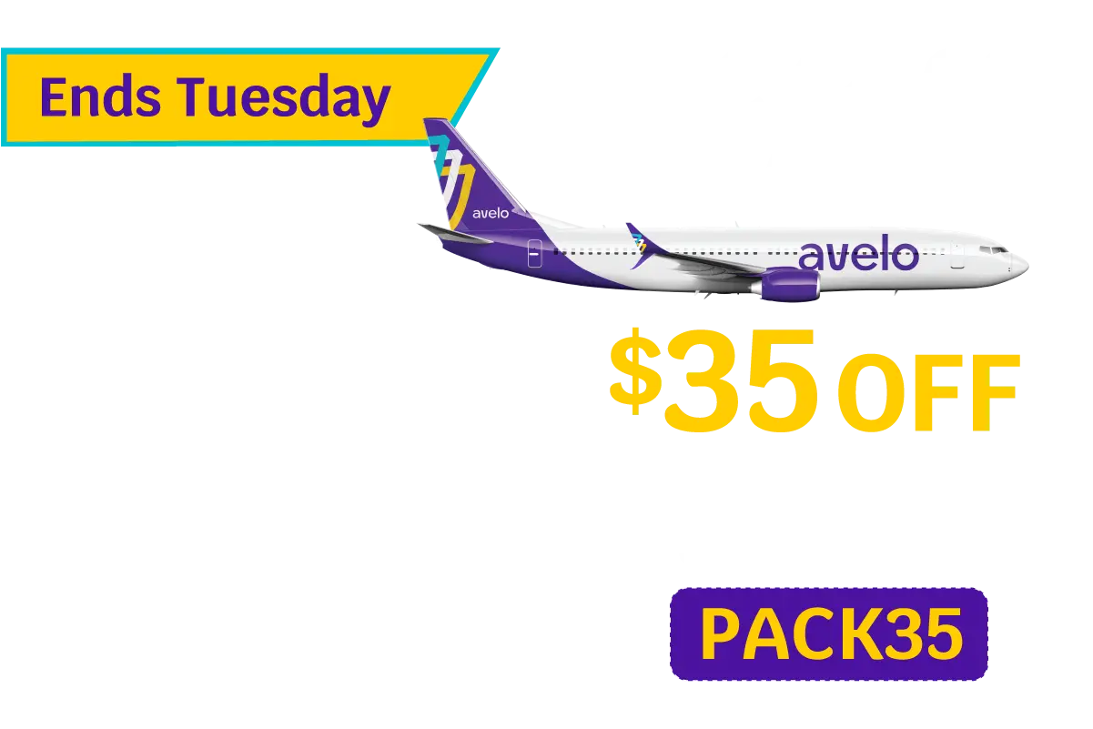 Ends Tuesday | PACK & GO SALE! | $35 OFF round trip base fares* on ALL flights between 10/30-2/10 with promo code PACK35