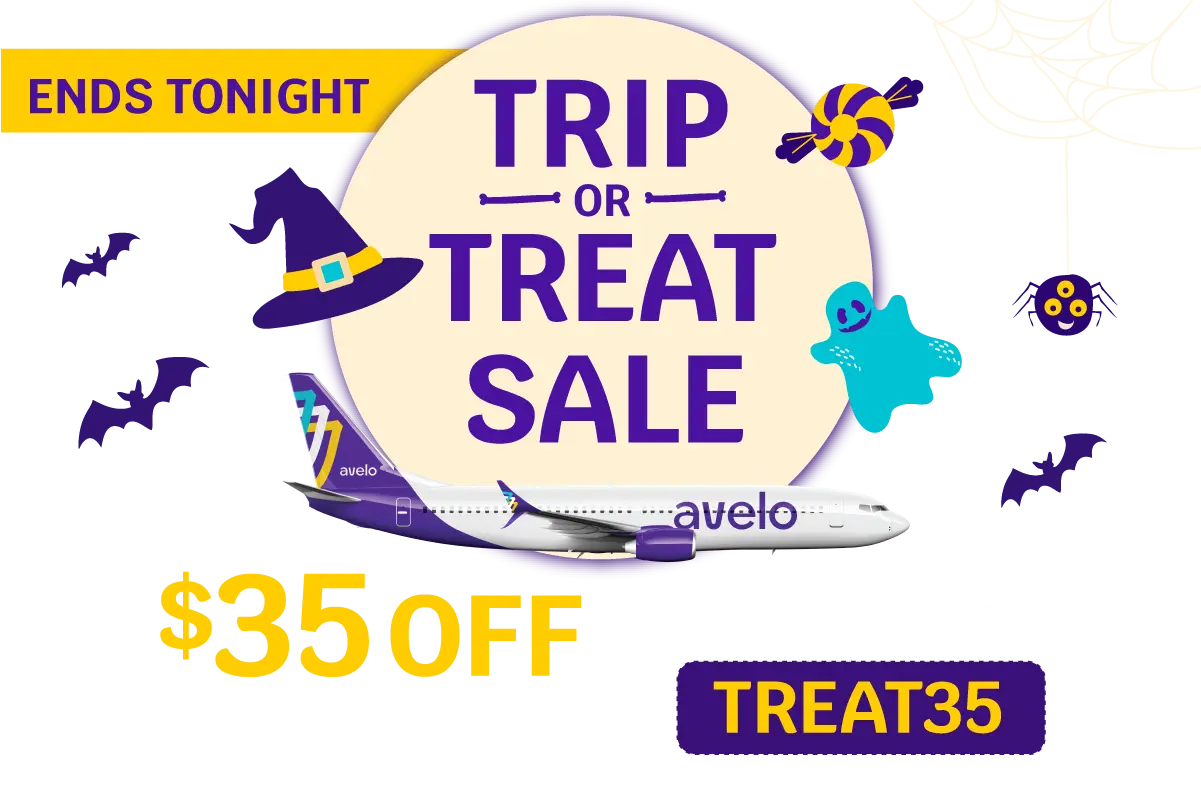 Trip or Treat Sale $35 OFF round trip base fares* on select flights between 11/6 - 2/10 with promo code TREAT35