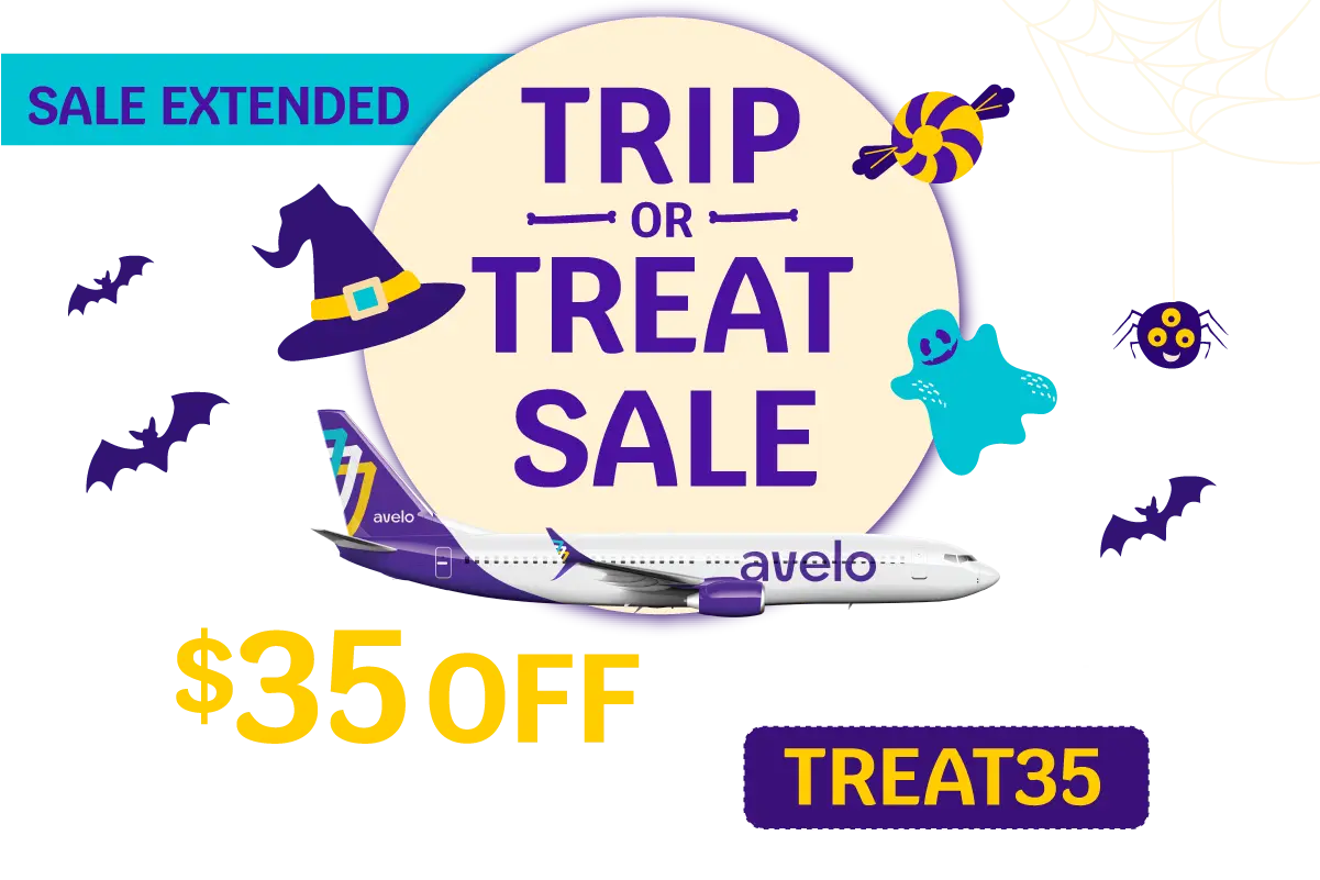 Trip or Treat Sale $35 OFF round trip base fares* on select flights between 11/6 - 2/10 with promo code TREAT35