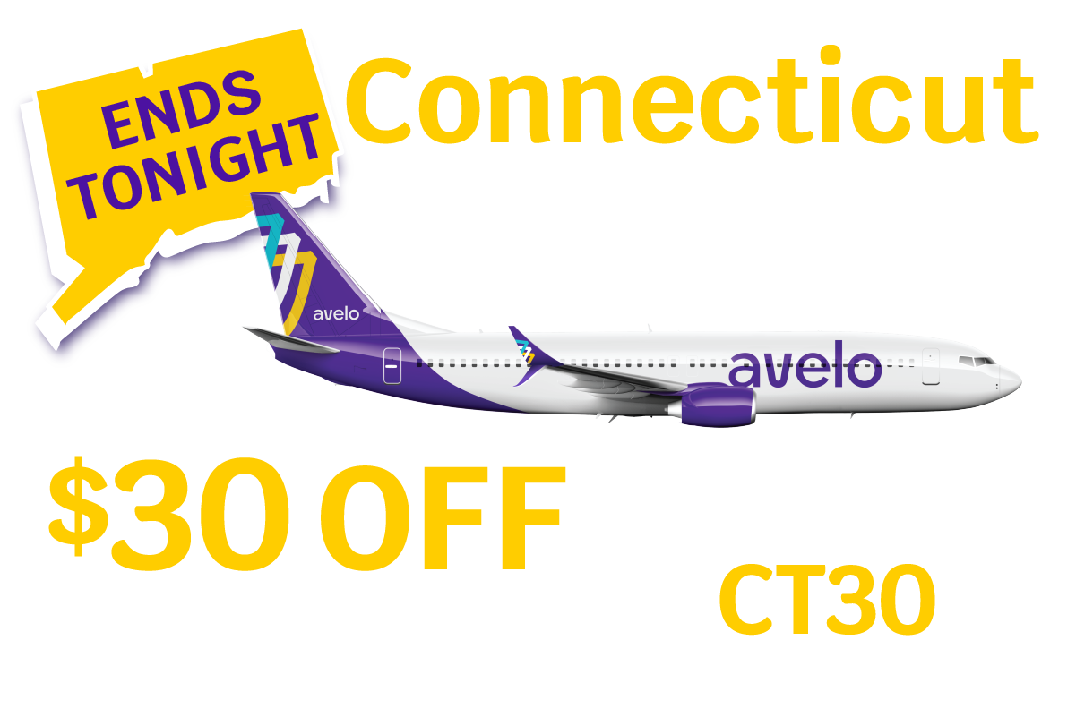 END TUESDAY | Connecticut Flight Sale | $30 OFF round trip base fares* on select flights between 2/19-5/20 with promo code CT30