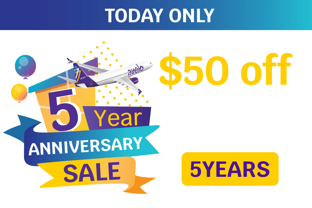 TODAY ONLY - 5 YEAR ANNIVERSAY SALE - $50 off round trip base fares * on select flights between 5/1-11/17 with promo code 5YEARS